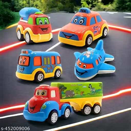 Set of 5 Unbreakable Toy Cars for Kids – Friction Powered Cartoon Vehicles for 3+ Years