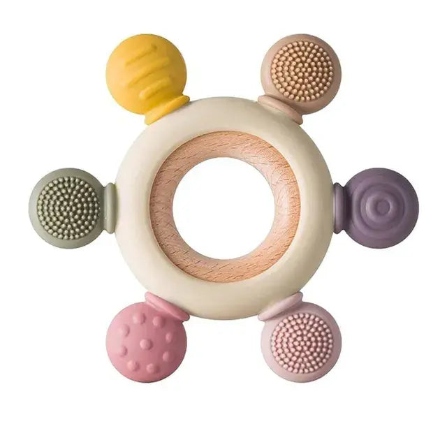 2-in-1 Baby Teething Toy (Silicone & Neem Wood) – Made in India Infant Teether