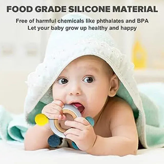 2-in-1 Baby Teething Toy (Silicone & Neem Wood) – Made in India Infant Teether