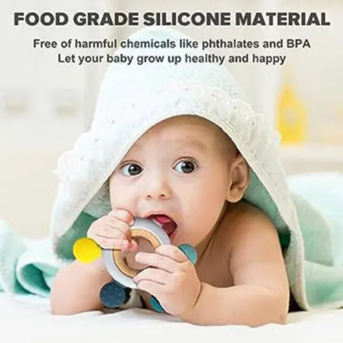 2-in-1 Baby Teething Toy (Silicone & Neem Wood) – Made in India Infant Teether