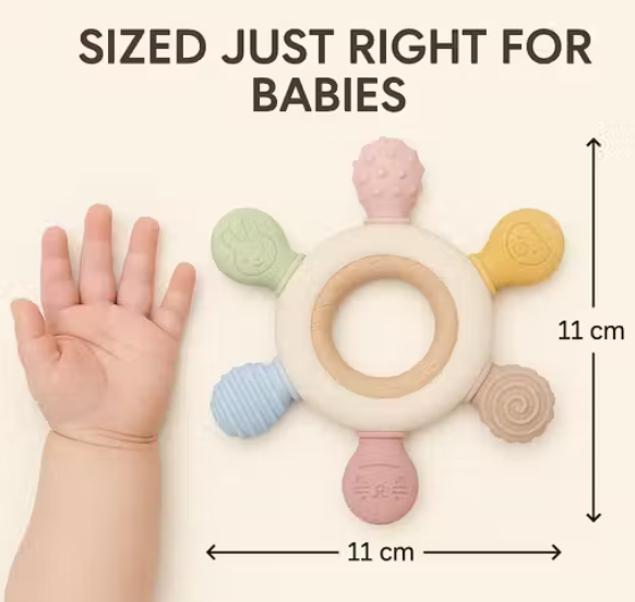 2-in-1 Baby Teething Toy (Silicone & Neem Wood) – Made in India Infant Teether