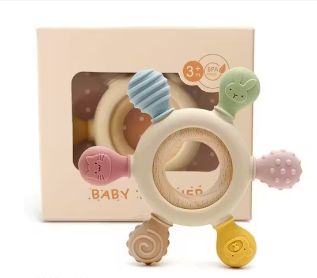 2-in-1 Baby Teething Toy (Silicone & Neem Wood) – Made in India Infant Teether